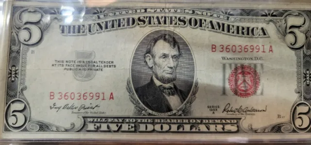 1953 Five Dollar RED Seal Note United States Note Old US Bill $5 Average Circ