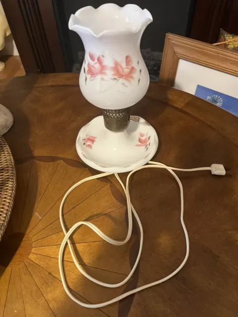 Vintage MCM Milk Glass Lamp W / Globe Roses