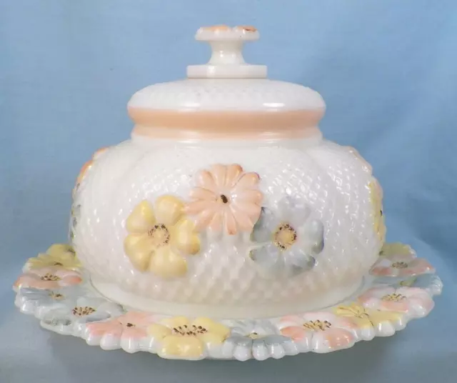 Cosmos Butter Dish Milk Glass Enamel Flowers EAPG Consolidated Lamp Co. Antique