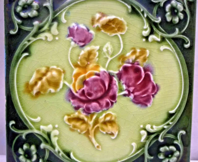 Antique Tile Majolica Art Nouveau England Rose Purple Architecture Floral #124 2