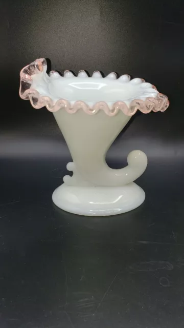 Vintage 1940s Fenton Crest Cornucopia Candle Holder White Milk Glass Pink Trim 3