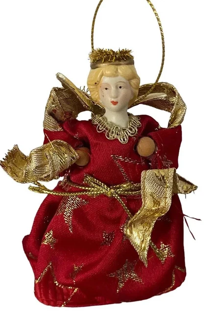 Vtg Porcelain Angel Doll Christmas Ornament Girl Red Dress Victorian gold