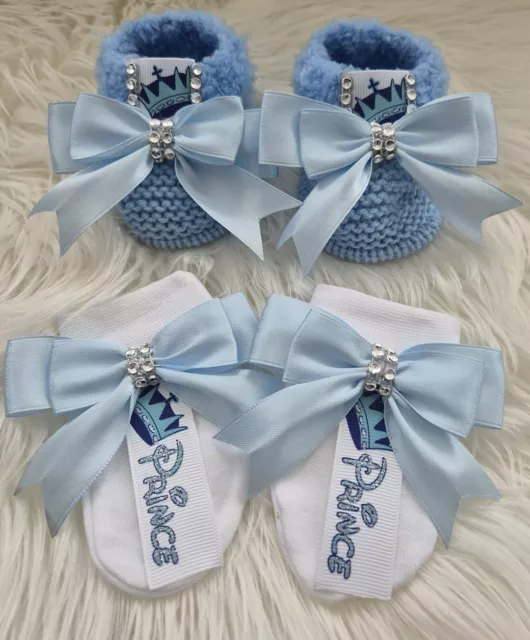 Romany boys Prince Booties/Shoes And Mittens 0-3 Months Bling Bows