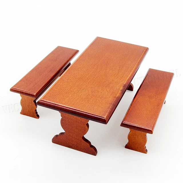112 MINIATURE DINING Table Bench Set Brown Dollhouse Furniture