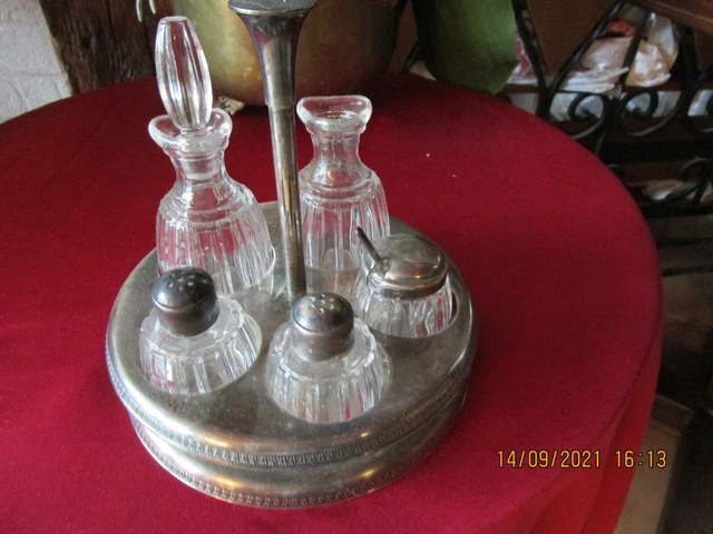 SERVITEUR à CONDIMENTS de TABLE 19eme Huile,Vinaigre,Sel,Poivre en METAL ARGENTÉ