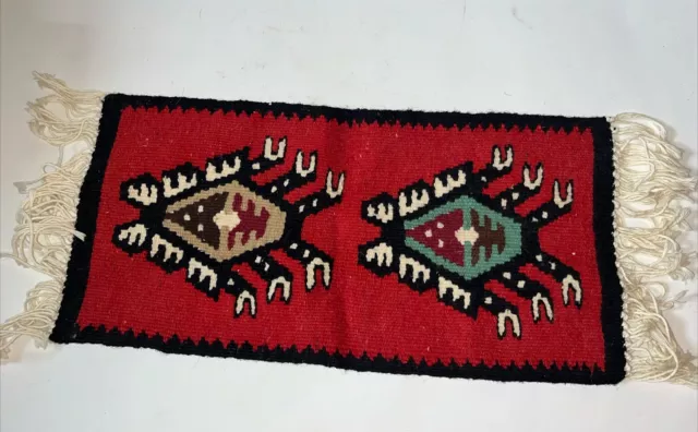 Vintage Turkish Kilim Wool Table Runner Fringe Tribal Red Handmade 16” X 8”