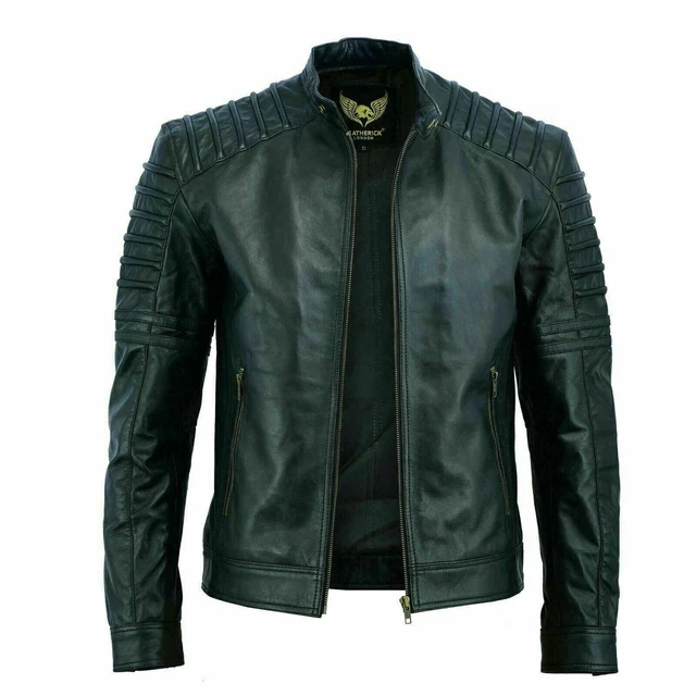 Giacca biker da uomo vera slim fit personalizzata in pelle vintage retrò nera da caffè da corsa