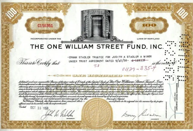 The One William Street Fund Inc. - Lehman Brothers, Maryland, 1958 (100 Shares)