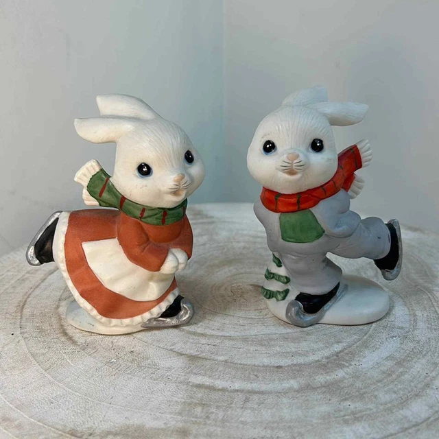 Vintage HOMCO 2 Bunny Rabbits Ice Skating Boy & Girl