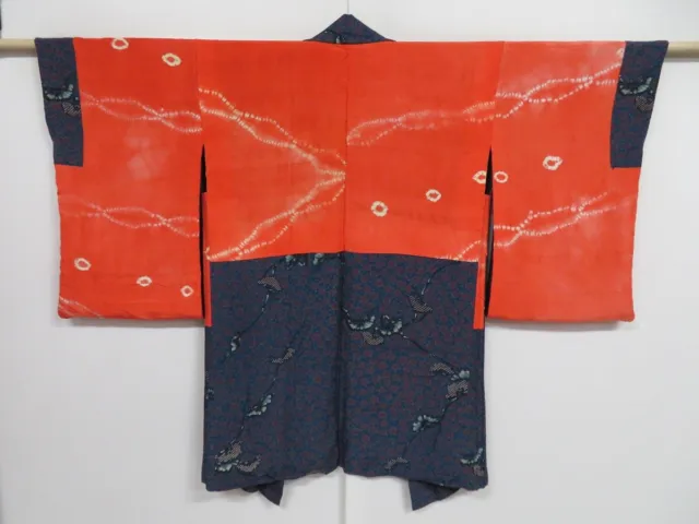 0823i09z550 Antique Japanese Kimono Silk HAORI Marine blue Pine