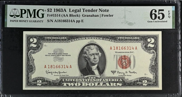 1963A $2 Red Seal Legal Tender Note, Fr1514 Pmg Gem Uncirculated 65 Epq 6314