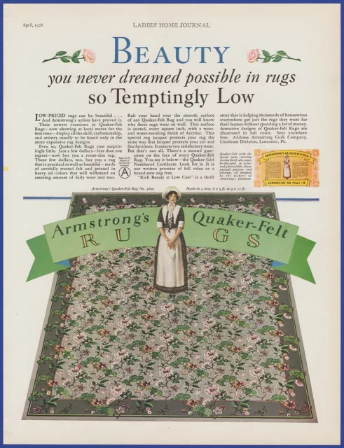 Vintage 1928 ARMSTRONG'S Quaker-Felt Rugs Carpet Flooring Décor 20's Print Ad