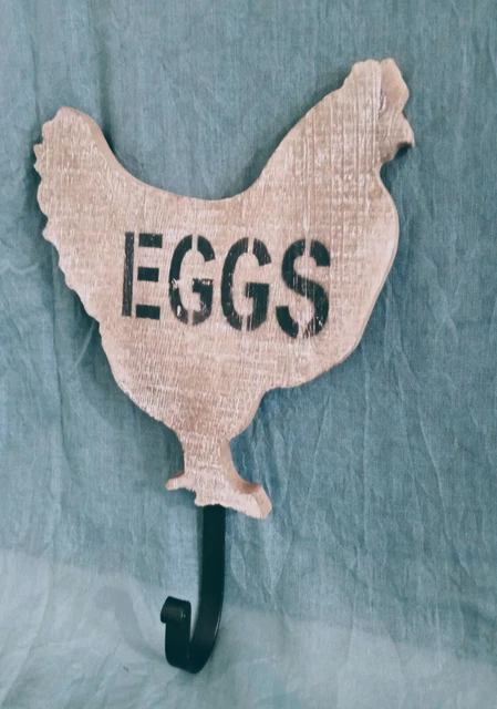 Farmhouse Rustic Wooden and Metal Hen Towel or Coat Hook 11" tall "EGGS" printed