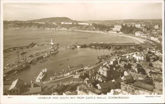 Real photo; Scarborough; Harbour from castle walls; 1957