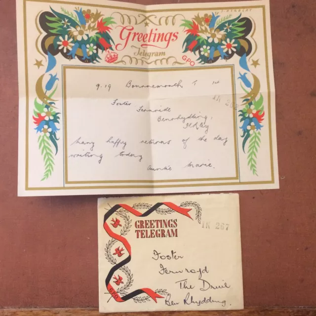 GPO Greetings Telegram and Envelope Colour C1950 Bournemouth to Ilkley (Foster?)