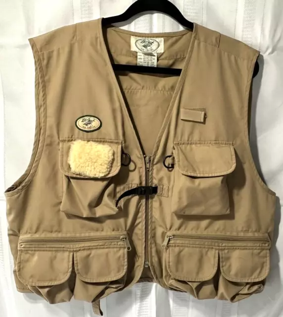 LL Bean Vintage Fly Fishing Vest Men XL Tan Zip Pockets Patch Outdoor Camp  Hunt 