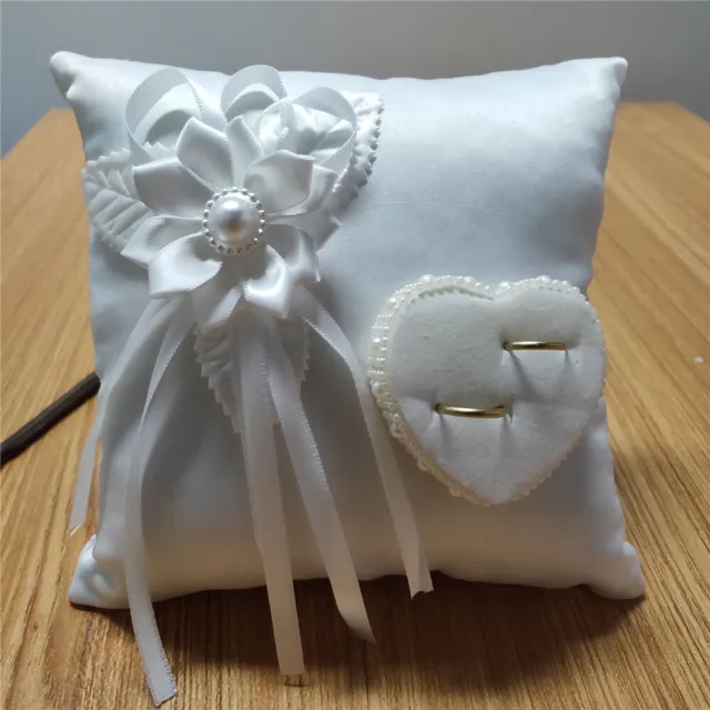 Ring Bearer Pillow and Wedding Flower Girl Basket Set Pearl White Satin