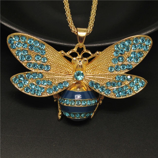 New Betsey Johnson Blue Rhinestone Honey Insect Crystal Pendant Chain Necklace