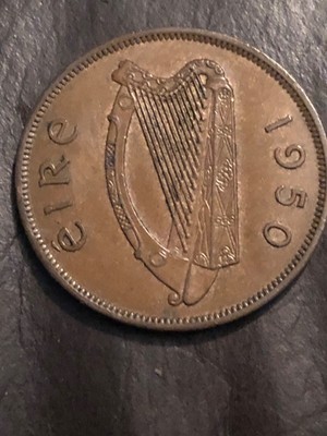 Irish 1950 One Penny Coin Old Ireland 1d Vintage Original Hen Chicks Eire Harp