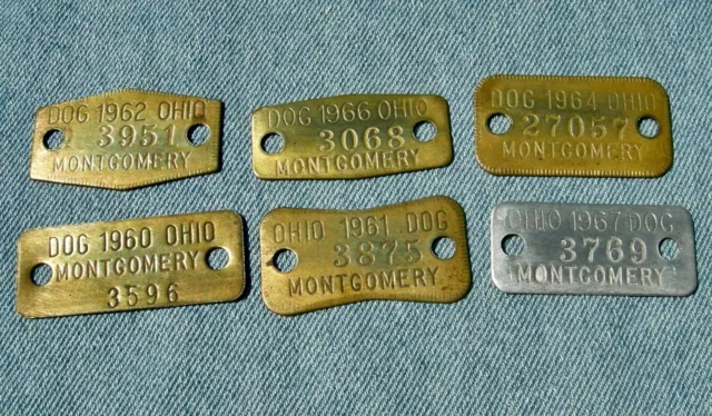 6 diff old MONTGOMERY CO OHIO  DOG TAG LICENSES RIVERSIDE, DAYTON, VANDALIA, ETC
