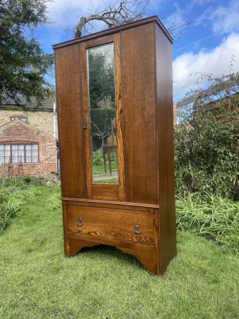 Antique Oak Arts Crafts Single Wardrobe With Mirror And Drawer 3