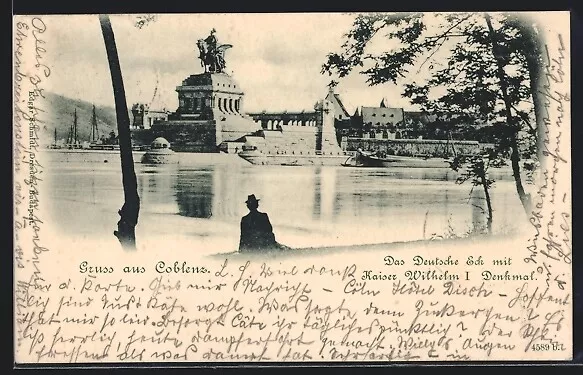 AK Coblenz, Das Deutsche Eck mit Kaiser Wilhelm I Denkmal, Flusspartie 1901