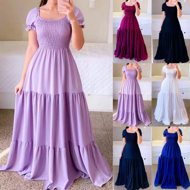 Womens Ruffle Long Maxi Dress Short Sleeve Evening Prom Cocktail Party Ball Gown