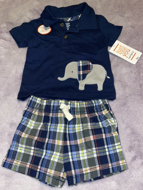 NWT Carters Infant Boy Outfit Set Shorts Shirt 2 Pc Baby 3 Months Elephant Plaid