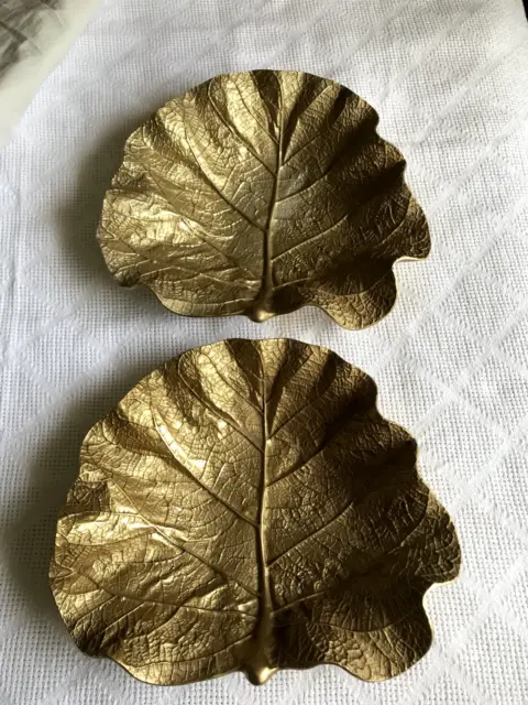 2-Virginia Metal Crafters Sea Grape Leaf Bowl Tray 3513 Aluminum Anodized Gold
