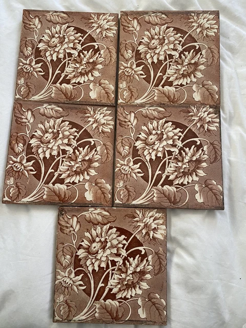 SET 5 ANTIQUE VICTORIAN VINTAGE FLOOR WALL FIRE TILES terracotta pottery gothic