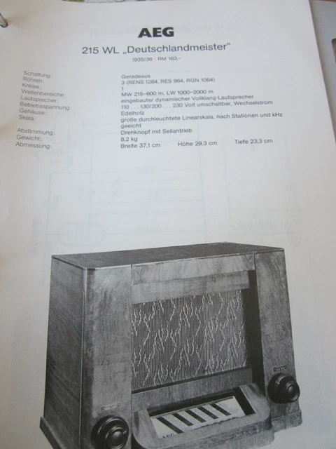 SCHALTPLAN N RADIO AEG 215 WL Deutschlandmeister 1935 EUR 5,41