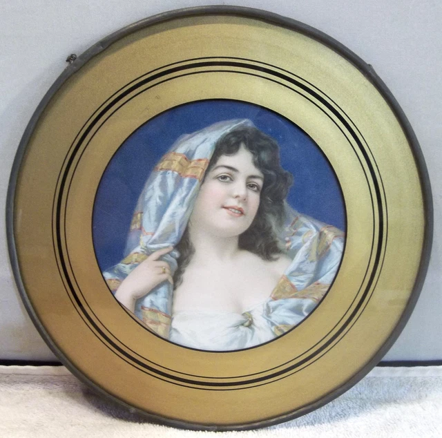 Antique Glass Chimney Flu Flue Cover Lithograph Victorian Gypsy Girl  Portrait