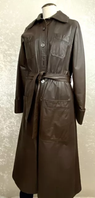 Womens 70's VTG CR Mates Domino Sz  7/8 Genuine Leather Trench Coat Brown Belted