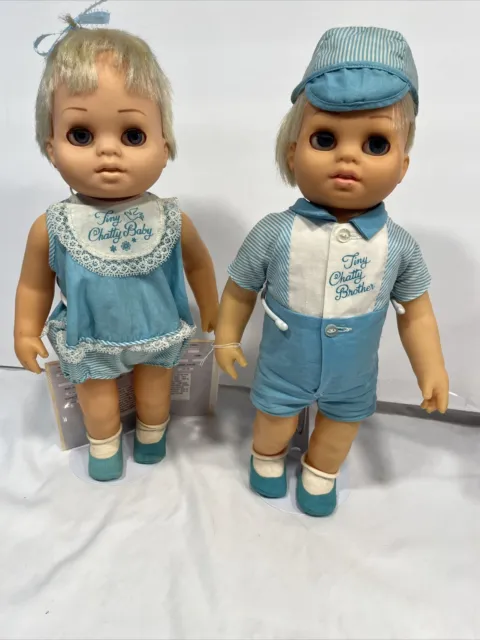 VTG 1962 Mattel Tiny Chatty Cathy Brother & Sister Blonde Doll Original Blue Out