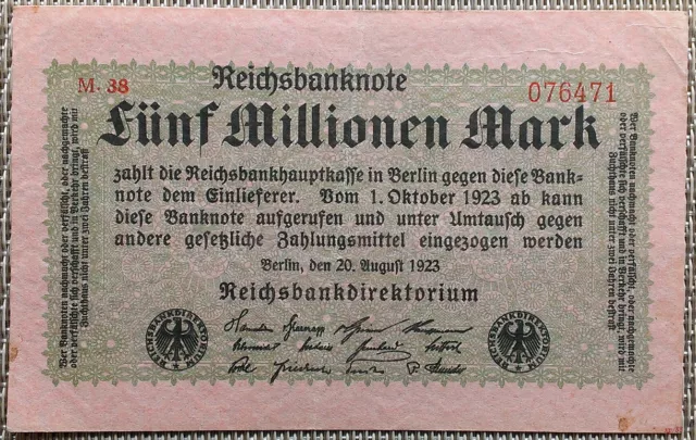5 Millionen Mark Reichsbanknote Geldschein Deutschland 1923, VF- XF °