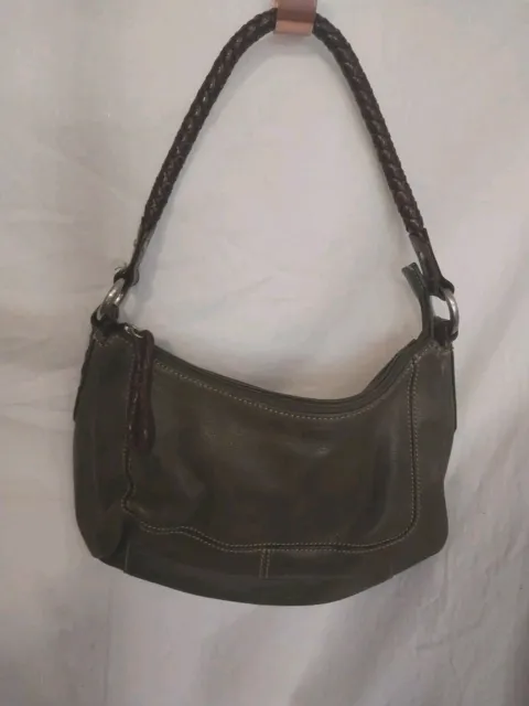 Fossil Green Leather Brown Braided Strap Boho Shoulder Bag Hobo Handbag Purse