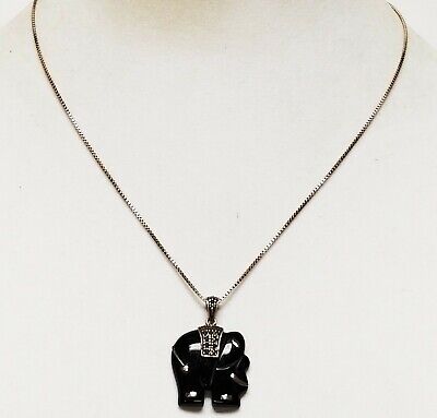 Vintage Carved Black Onyx Elephant Sterling Silver Marcasite Pendant Necklace