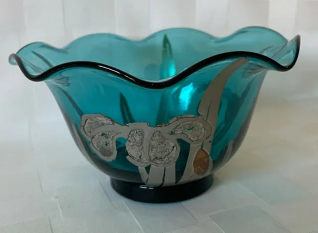 Vintage Teal Blue Ruffled 3" Bowl w/ Hand Painted Silver Lead Floral Design