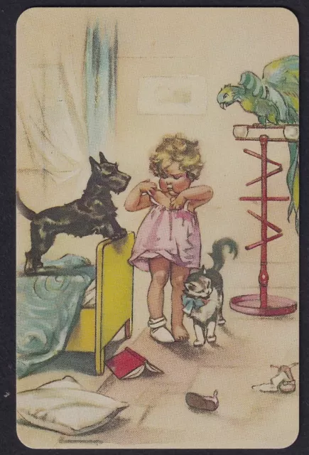 1 Modern Swap Playing Card Little Girl Scottie Terrier Dog Cat & Parrot
