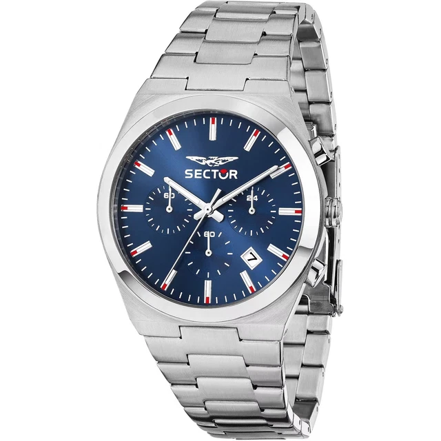 Montre Sector 250 Chrono - Fabriquée En Suisse, Verre Saphir, Boîtier Argent, Cadran Et Bracelet Cuir Bleu