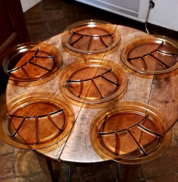 Lot 6 Assiettes à Fondue DURALEX France - Verre Trempé Ambré, Compartimentées, Occasion TTBE
