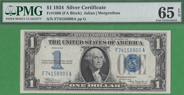 1934 $1 Silver Certificate "Fa" Block Pmg Gem 65 Epq!!!