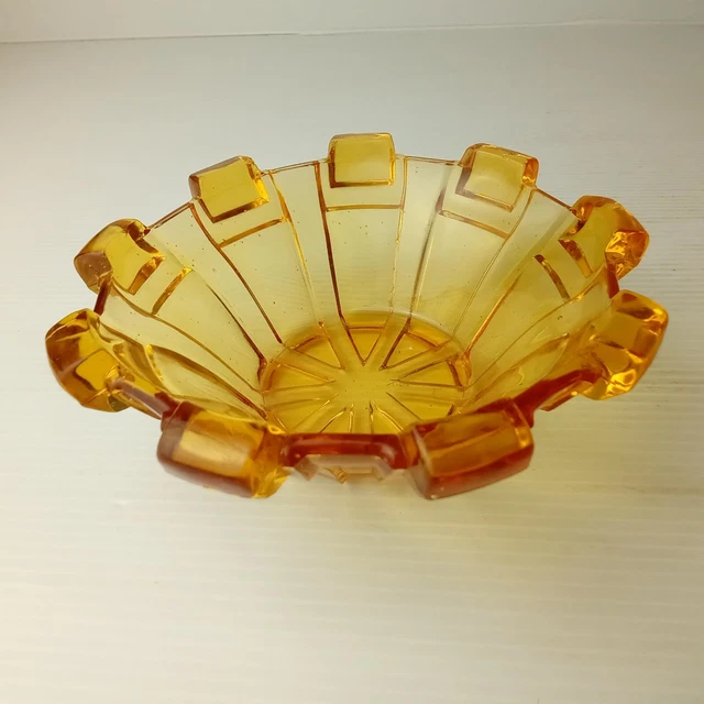 AMBER GLASS BOWL vintage Stolzle small art deco depression pressed dish