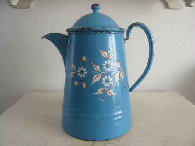 Alte Emaille Kanne Blau Blumendekor Shabby Chic Vintage Emaile Kaffeekanne Deko