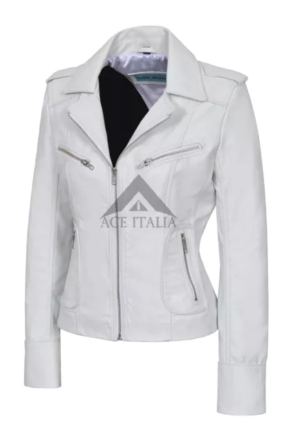 RIDER Ladies White WASHED Biker Motorcycle Style Real Nappa Leather Jacket 9823 2