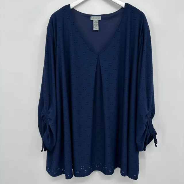 Catherines Tunic Top Shirt Blouse Size 5X Eyelet Overlay Lined Stretch Knit Blue