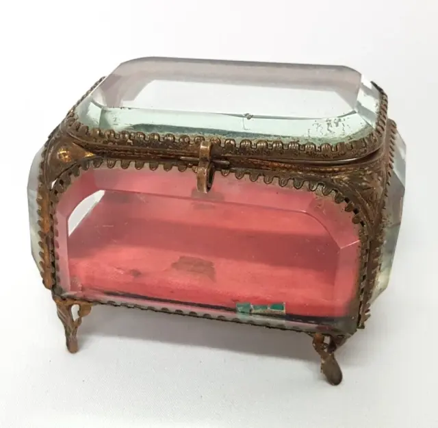 Antique French Ormulu Gilt Metal & Beveled Glass 3.75" Jewelry Caset Box