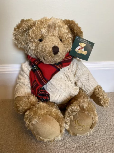 Harrods 2002 Annual Christmas / Xmas Teddy Bear With Aran Jumper & Tartan Scarf 2