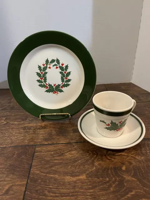Homer Laughlin Holly Berry Lunch Plate w/Lg Green Band w/ Holly Cup & Saucer Set