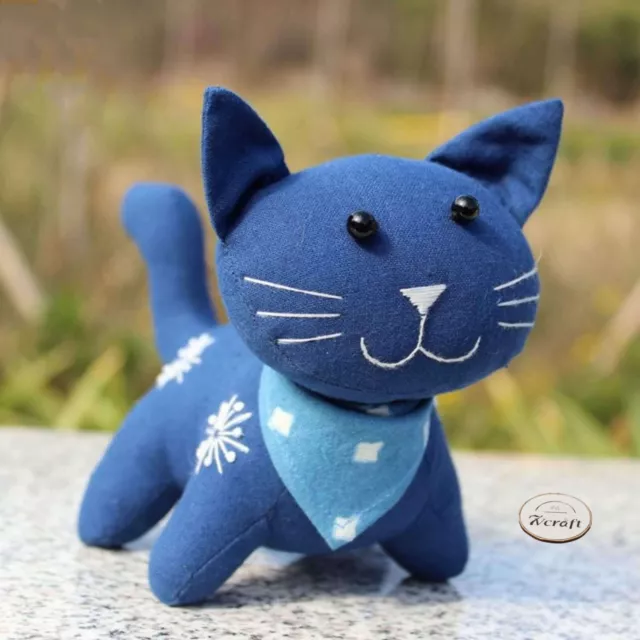 Plant Dyed Indigo Fabric Cotton Cat Toy, Handmade Embroidery Stuffed Animal Doll